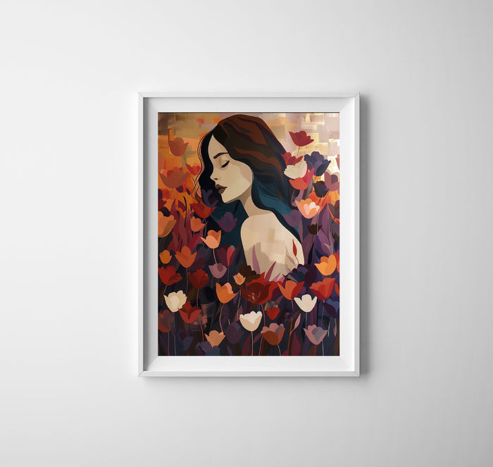 Floral Embrace: The Essence of Femininity - Digital Art Print for Home Decor